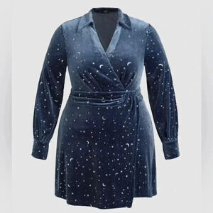 Cider Curve Blue Velvet V-Neck Star & Moon Long Sleeve Mini Dress Plus Size 4XL